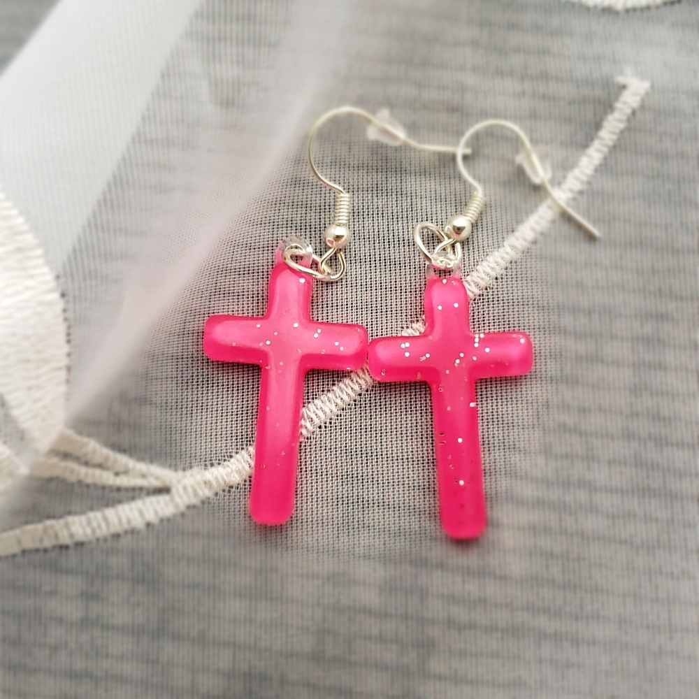 Pink cross earrings